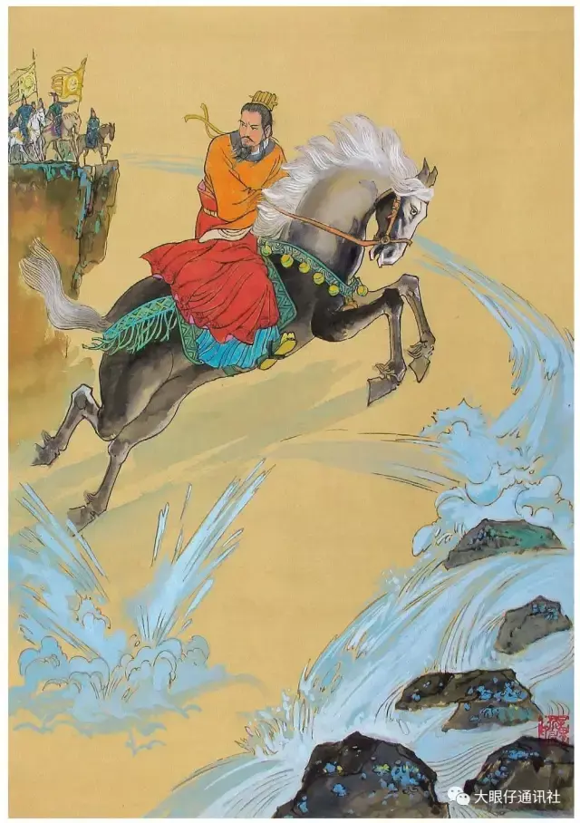 《马跃檀溪》(童介眉绘,网络图片)蔡瑁引兵赶到溪边,隔岸见刘备骑马